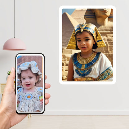 Example of how to upload a toddler girl's photo to create a personalized Egyptian princess portrait on a canvas featuring her in royal attire with an ancient Egyptian backdrop.