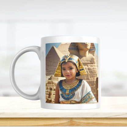 Example of how to upload a toddler girl's photo to create a personalized Egyptian princess portrait on a mug featuring her in royal attire with an ancient Egyptian backdrop.