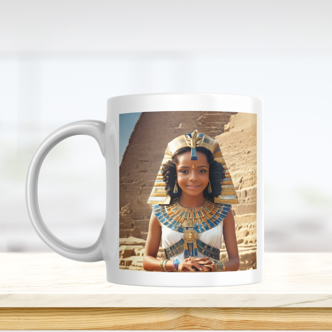 Example of how to upload a girl's photo to create a personalized Egyptian princess portrait on a mug featuring her in royal attire with an ancient Egyptian backdrop.