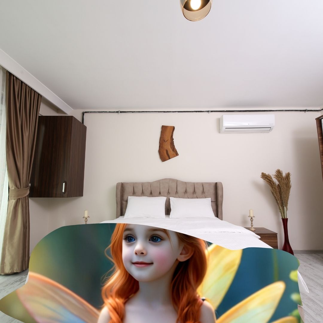 Example of how to upload a girl's photo to create a personalized fairy portrait on a blanket featuring her as a fairy in an enchanted forest