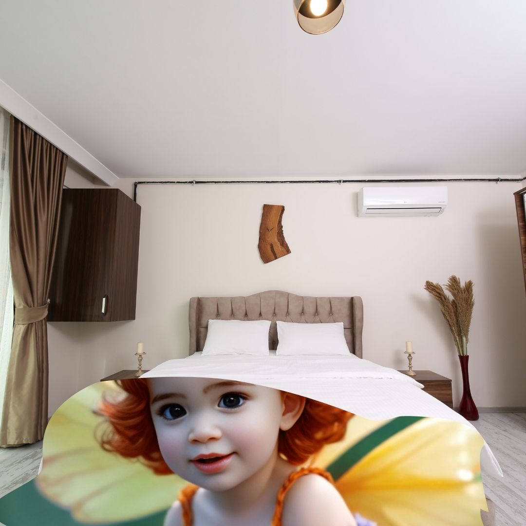 Example of how to upload a toddler girl's photo to create a personalized fairy portrait on a blanket featuring her as a fairy in an enchanted forest