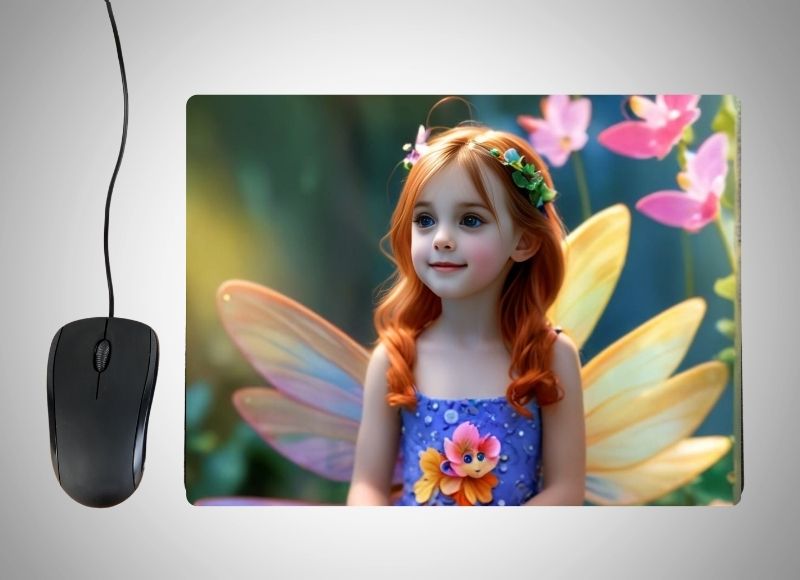 Example of how to upload a girl's photo to create a personalized fairy portrait on a mouse mat featuring her as a magical fairy in an enchanted forest with glowing lights and sparkling details