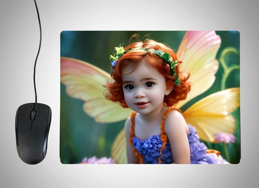 Example of how to upload a toddler girl's photo to create a personalized fairy portrait on a mouse mat featuring her as a magical fairy in an enchanted forest with glowing lights and sparkling details