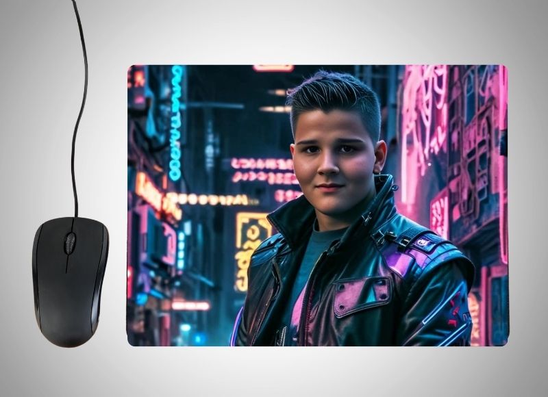 Example of how to upload a boy's photo to create a personalized Cyberpunk Hero portrait on a mouse mat featuring him in a futuristic cyberpunk outfit with neon accents, standing in a neon-lit city with towering skyscrapers and holographic elements in the background