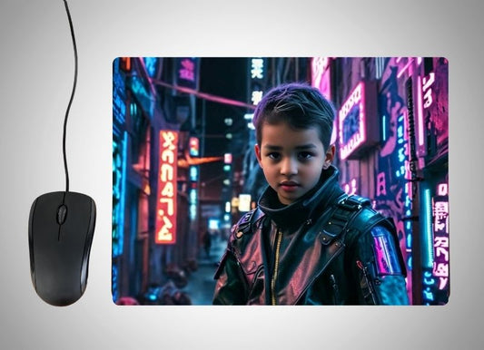 Example of how to upload a toddler boy's photo to create a personalized Cyberpunk Hero portrait on a mouse mat featuring him in a futuristic cyberpunk outfit with neon accents, standing in a neon-lit city with towering skyscrapers and holographic elements in the background