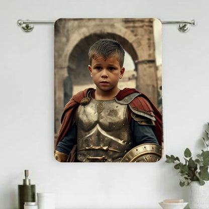 Example of how to upload a boy's photo to create a personalized gladiator portrait on a towel featuring him dressed as a gladiator in a Roman coliseum