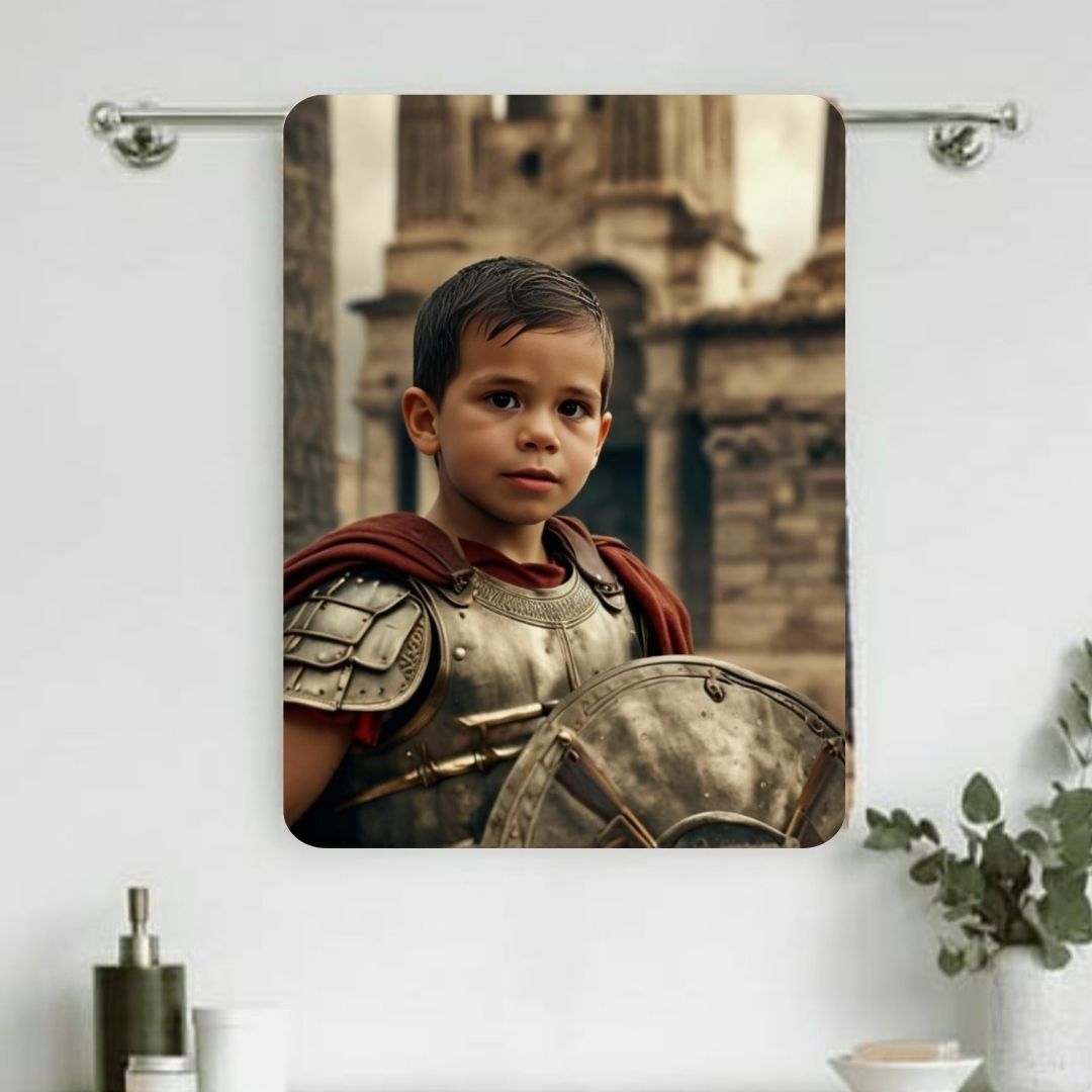 Example of how to upload a toddler boy's photo to create a personalized gladiator portrait on a towel featuring him dressed as a gladiator in a Roman coliseum