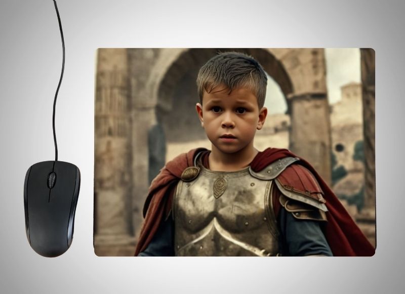 Example of how to upload a boy's photo to create a personalized Gladiator portrait on a mouse mat featuring him in detailed armor with a helmet and shield, standing in a grand arena with cheering crowds and ancient stone arches in the background