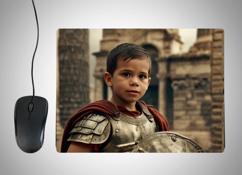 Example of how to upload a toddler boy's photo to create a personalized Gladiator portrait on a mouse mat featuring him in detailed armor with a helmet and shield, standing in a grand arena with cheering crowds and ancient stone arches in the background