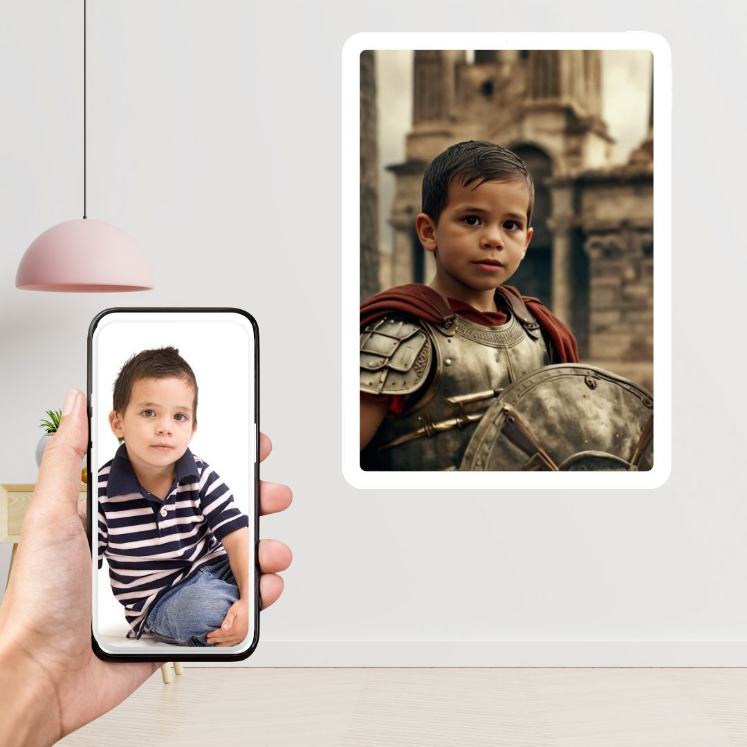 Example of how to upload a toddler boy's photo to create a personalized gladiator portrait on a canvas featuring him dressed as a gladiator in a Roman coliseum