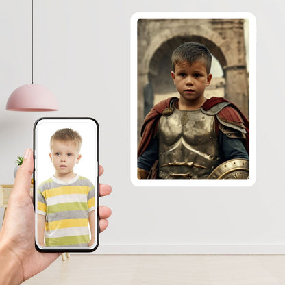 Example of how to upload a boy's photo to create a personalized gladiator portrait on a canvas featuring him dressed as a gladiator in a Roman coliseum