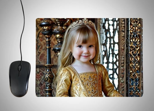 Example of how to upload a toddler girl's photo to create a personalized Golden Princess portrait on a mouse mat featuring her in a shimmering gold gown, surrounded by golden castles, radiant light, and magical royal elements