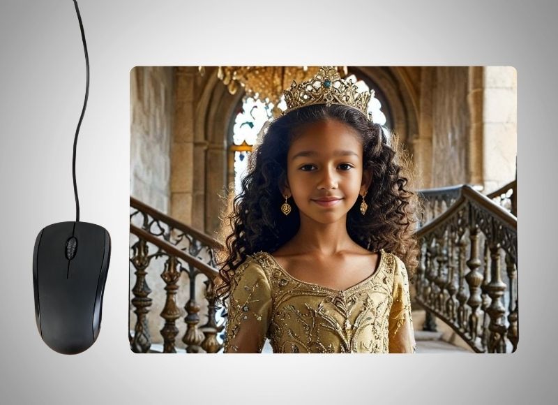 Example of how to upload a girl's photo to create a personalized Golden Princess portrait on a mouse mat featuring her in a shimmering gold gown, surrounded by golden castles, radiant light, and magical royal elements