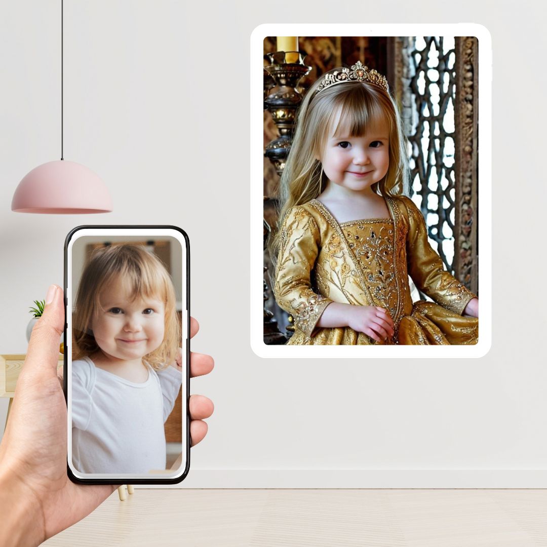 Example of how to upload a toddler girl's photo to create a personalized pirate portrait on a canvas featuring her dressed as a pirate on a ship deck