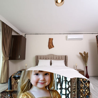 Example of how to upload a toddler girl's photo to create a personalized pirate portrait on a blanket featuring her dressed as a pirate on a ship deck