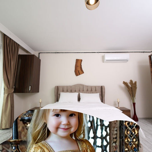 Example of how to upload a toddler girl's photo to create a personalized pirate portrait on a blanket featuring her dressed as a pirate on a ship deck