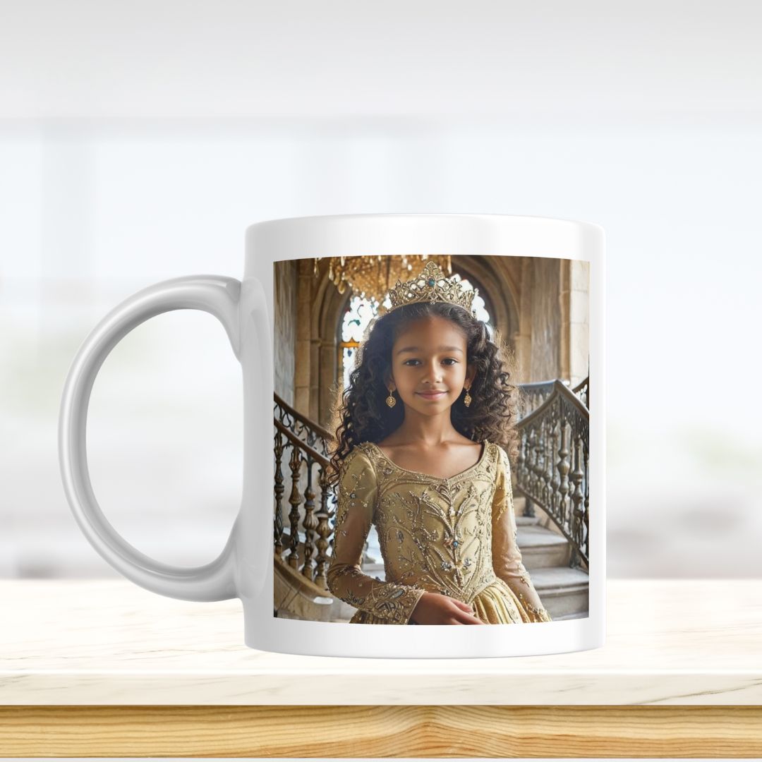 Example of how to upload a girl's photo to create a personalized pirate portrait on a mug featuring her dressed as a pirate on a ship deck.