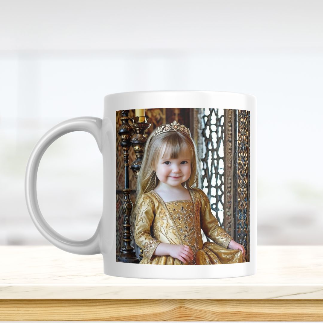 Example of how to upload a toddler girl's photo to create a personalized pirate portrait on a mug featuring her dressed as a pirate on a ship deck.