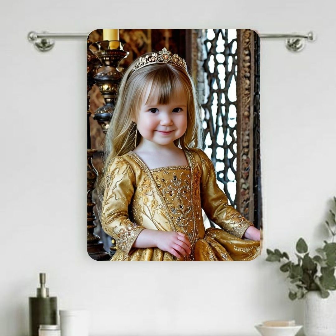 Example of how to upload a toddler girl's photo to create a personalized pirate portrait on a towel featuring her dressed as a pirate on a ship deck