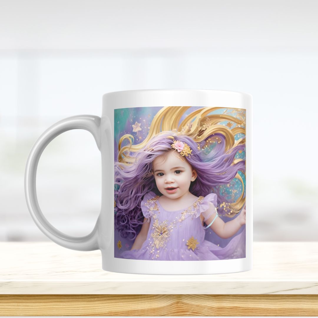 Example of how to upload a toddler girl's photo to create a personalized lavender princess portrait on a mug featuring her in an enchanted castle.