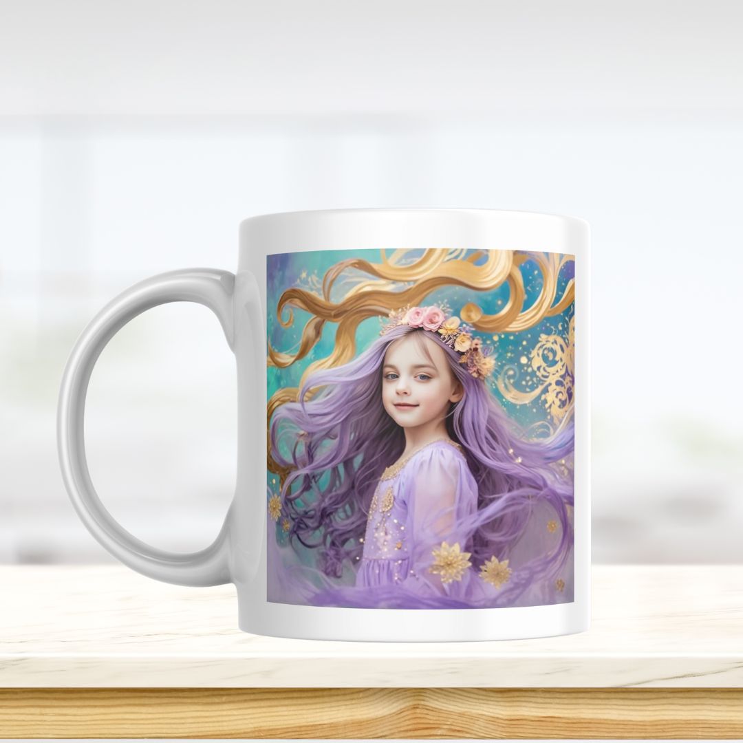 Example of how to upload a girl's photo to create a personalized lavender princess portrait on a mug featuring her in an enchanted castle.