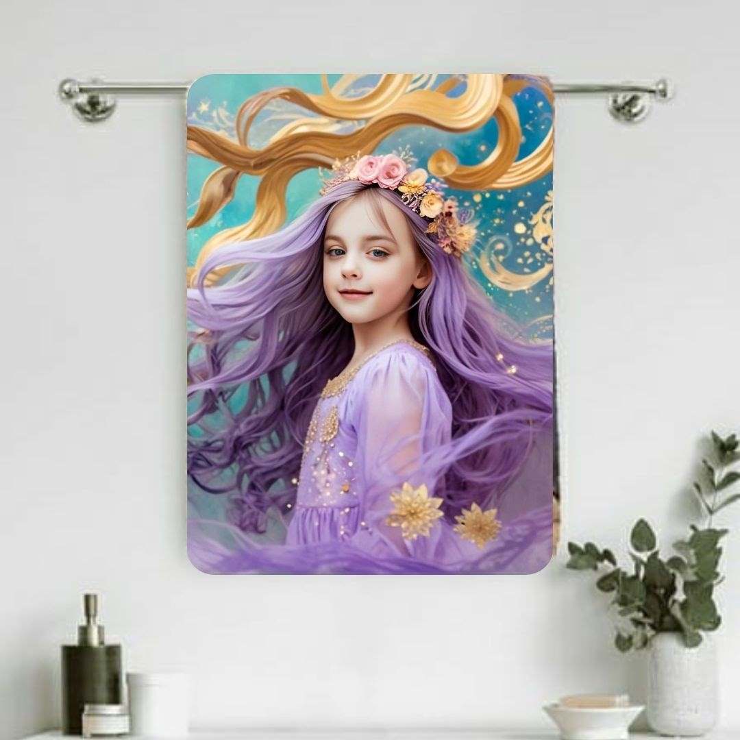 Example of how to upload a girl's photo to create a personalized lavender princess portrait on a towel featuring her in an enchanted castle