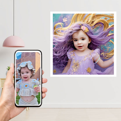 Example of how to upload a toddler girl's photo to create a personalized lavender princess portrait on a canvas featuring her in an enchanted castle