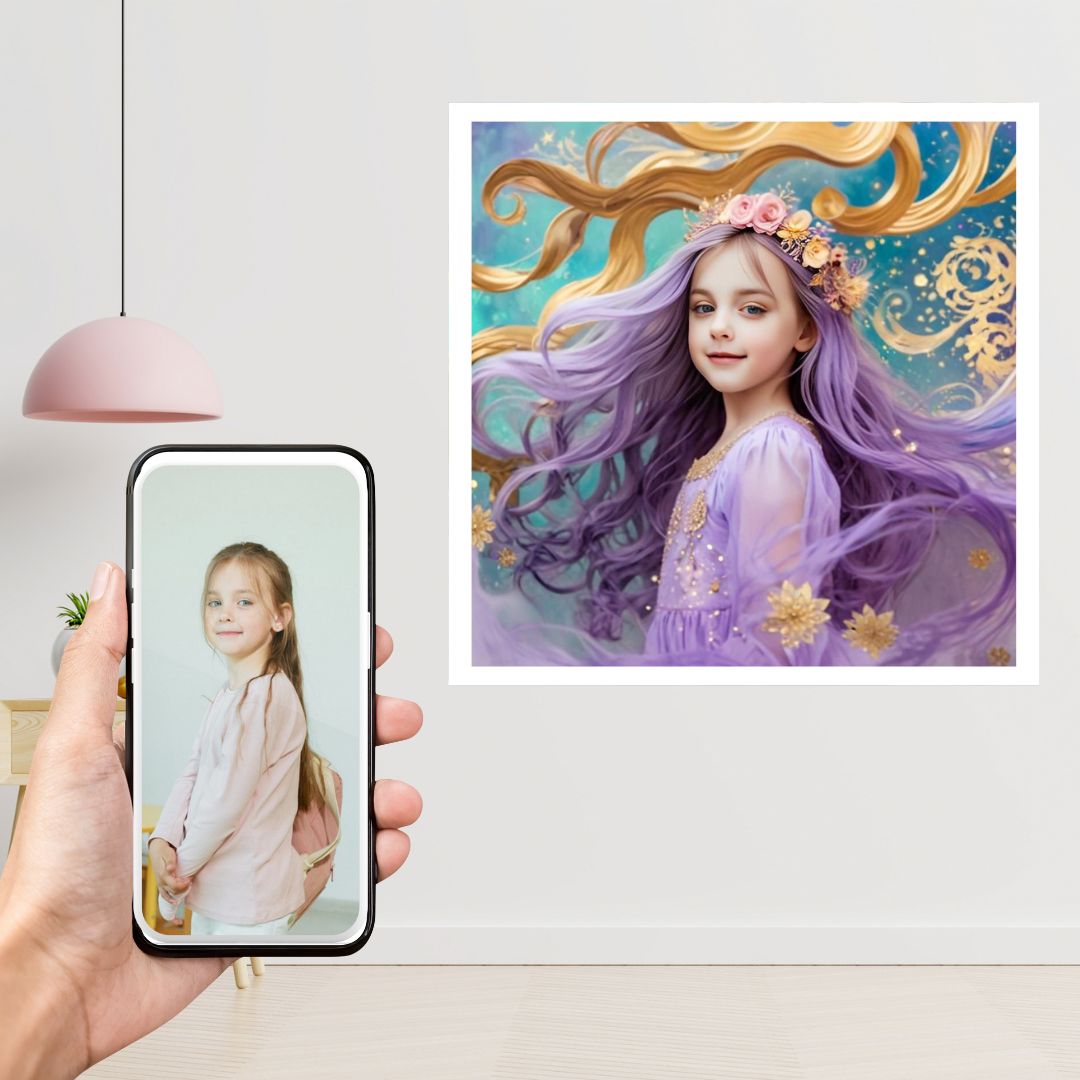 Example of how to upload a girl's photo to create a personalized lavender princess portrait on a canvas featuring her in an enchanted castle