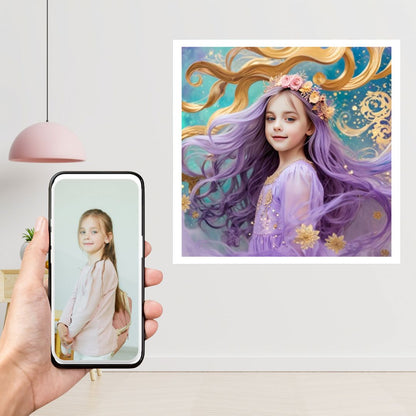 Example of how to upload a girl's photo to create a personalized lavender princess portrait on a canvas featuring her in an enchanted castle