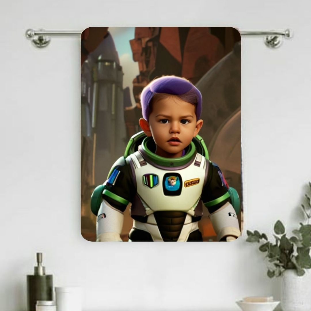 Example of how to upload a toddler boy's photo to create a personalized Buzz Lightyear portrait on a towel, featuring him dressed as Buzz, ready to explore the universe