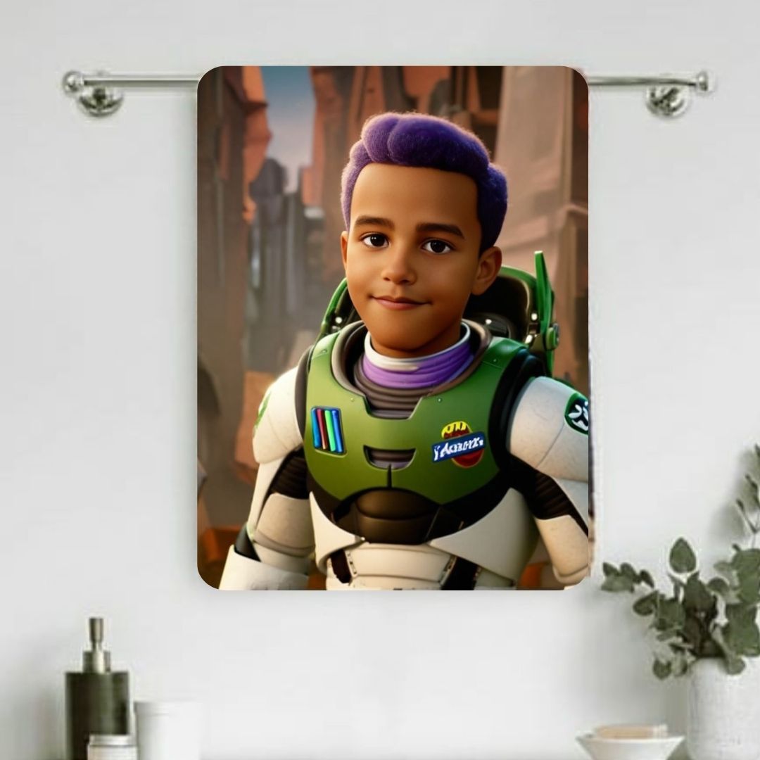 Example of how to upload a boy's photo to create a personalized Buzz Lightyear portrait on a towel, featuring him dressed as Buzz, ready to explore the universe