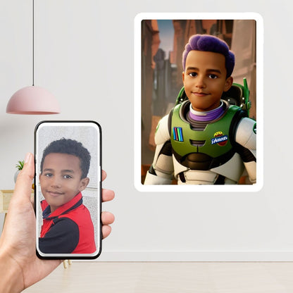 Example of how to upload a boy's photo to create a personalized Lightyear portrait on a canvas, featuring him dressed as Buzz Lightyear, ready for his space adventure