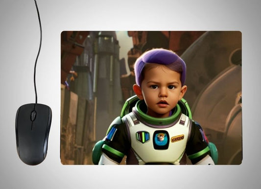 Example of how to upload a boy's photo to create a personalized Lightyear Cartoon portrait on a mouse mat featuring him in a futuristic spacesuit with glowing details, standing heroically in front of a high-tech space station with planets and stars in the background