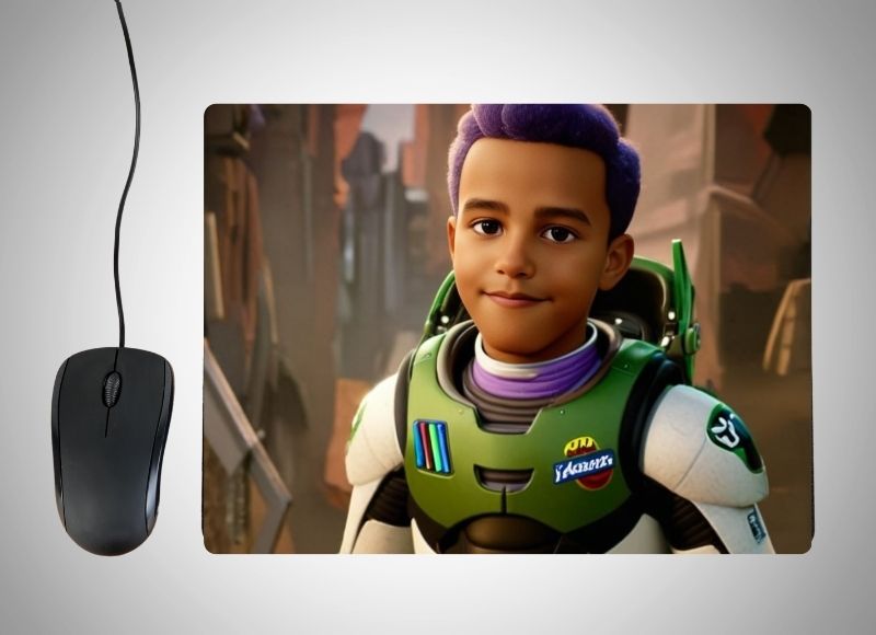 Example of how to upload a boy's photo to create a personalized Lightyear Cartoon portrait on a mouse mat featuring him in a futuristic spacesuit with glowing details, standing heroically in front of a high-tech space station with planets and stars in the background