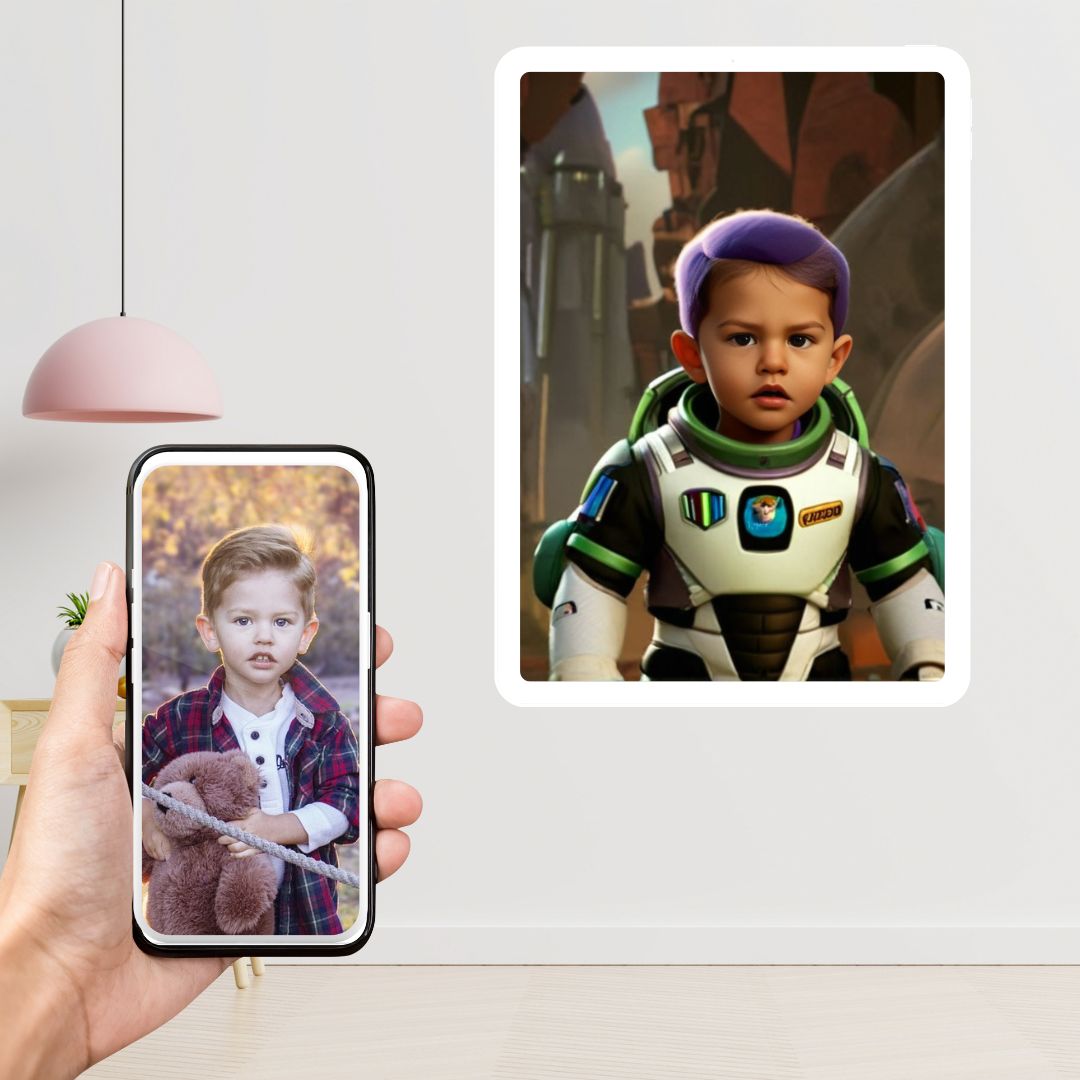 Example of how to upload a toddler boy's photo to create a personalized Lightyear portrait on a canvas, featuring him dressed as Buzz Lightyear, ready for his space adventure