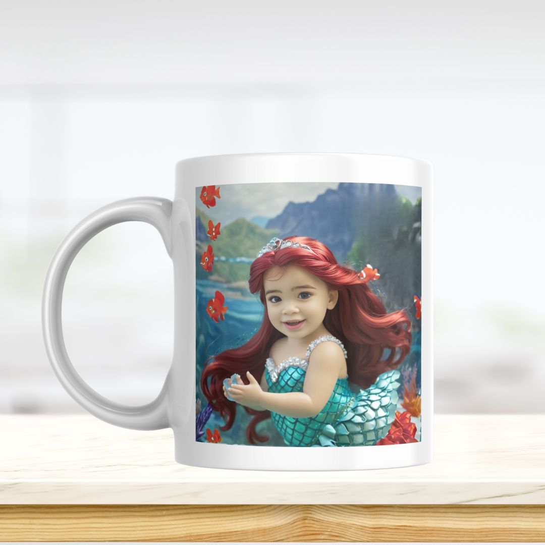 Example of how to upload a toddler girl's photo to create a personalized mermaid portrait on a mug featuring her as a mermaid sitting on a rock in an underwater scene.