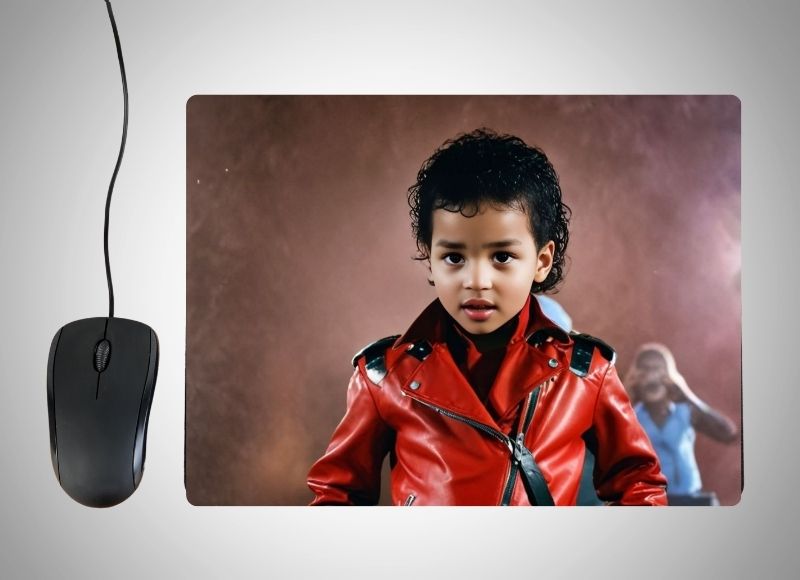 Example of how to upload a toddler boy's photo to create a personalized Michael Jackson-inspired portrait on a mouse mat featuring him in a glittering jacket, iconic glove, and standing on stage with vibrant lights and a cheering crowd