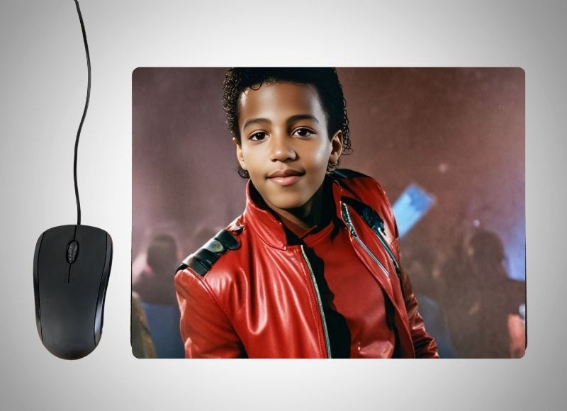 Example of how to upload a boy's photo to create a personalized Michael Jackson-inspired portrait on a mouse mat featuring him in a glittering jacket, iconic glove, and standing on stage with vibrant lights and a cheering crowd