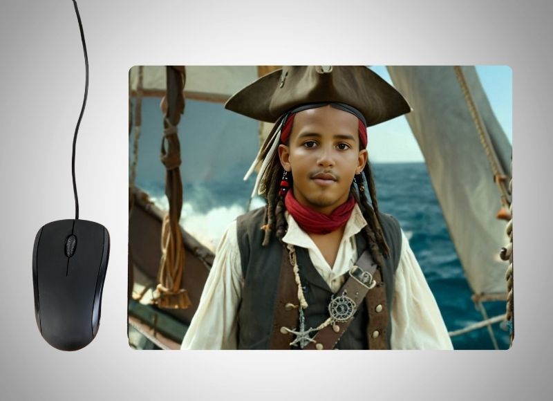 "Example of how to upload a boy's photo to create a personalized Pirate Boy portrait on a mouse mat featuring him as a brave pirate, with a pirate hat, sword, and a ship sailing on the high seas