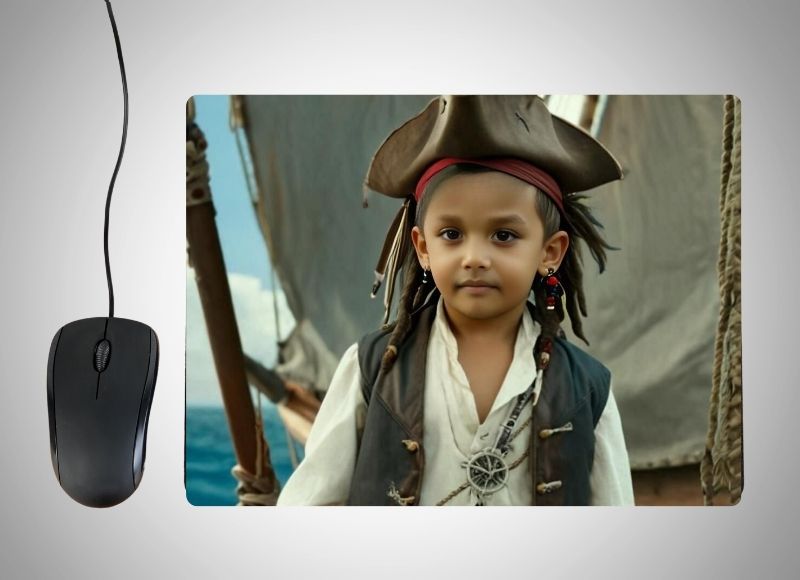 "Example of how to upload a toddler boy's photo to create a personalized Pirate Boy portrait on a mouse mat featuring him as a brave pirate, with a pirate hat, sword, and a ship sailing on the high seas