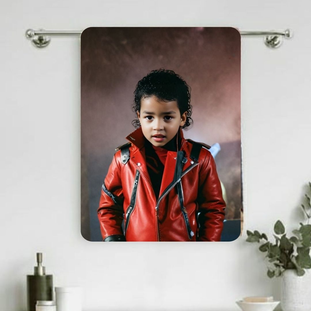 Example of how to upload a toddler boy's photo to create a personalized Michael Jackson portrait on a towel featuring him styled with the King of Pop's iconic look.