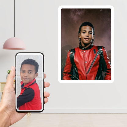 Example of how to upload a boy's photo to create a personalized Michael Jackson portrait on a canvas featuring him styled with the King of Pop's iconic look