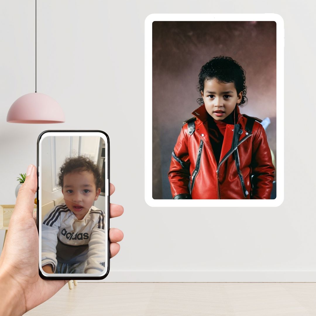 Example of how to upload a toddler boy's photo to create a personalized Michael Jackson portrait on a canvas featuring him styled with the King of Pop's iconic look