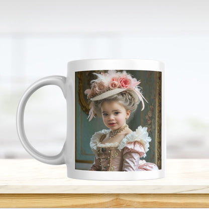 Example of how to upload a toddler girl's photo to create a personalized pink princess portrait on a mug featuring her as a princess in a royal castle.