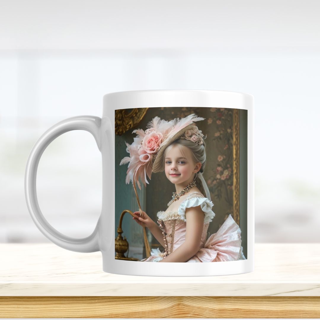 Example of how to upload a girl's photo to create a personalized pink princess portrait on a mug featuring her as a princess in a royal castle.