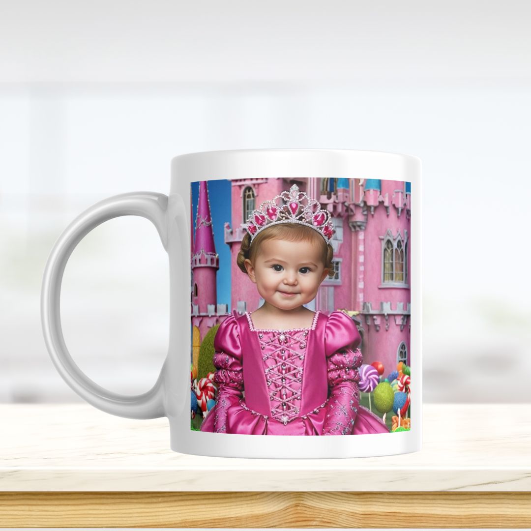 Example of how to upload a toddler girl's photo to create a personalized candy princess portrait on a mug featuring her dressed as a candy princess in a whimsical candyland setting