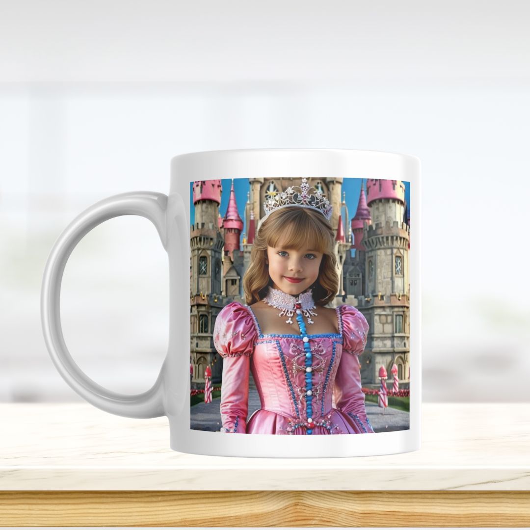 Example of how to upload a girl's photo to create a personalized candy princess portrait on a mug featuring her dressed as a candy princess in a whimsical candyland setting