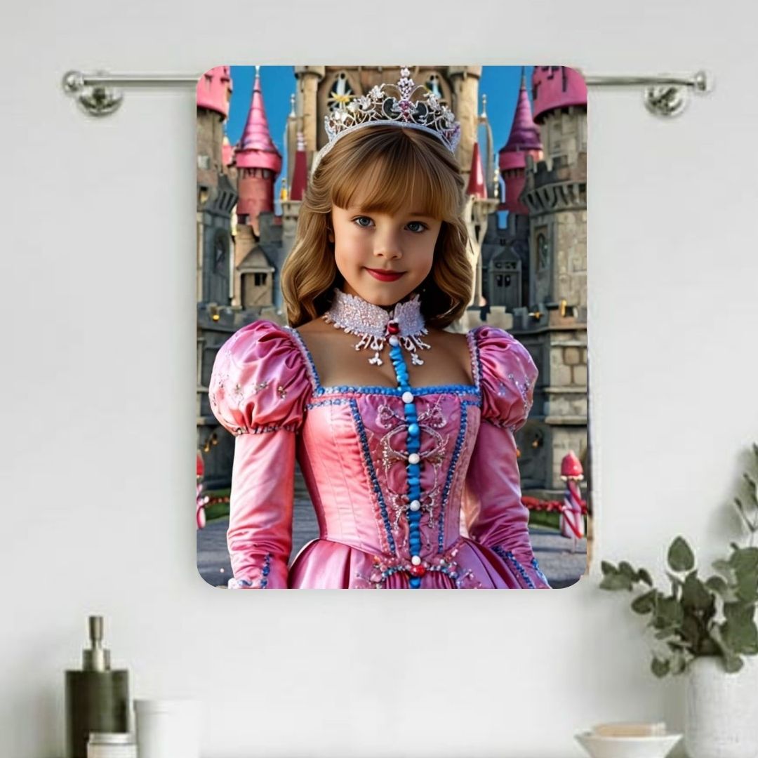 Example of how to upload a girl's photo to create a personalized candy princess portrait on a towel featuring her dressed as a candy princess in a whimsical candyland setting