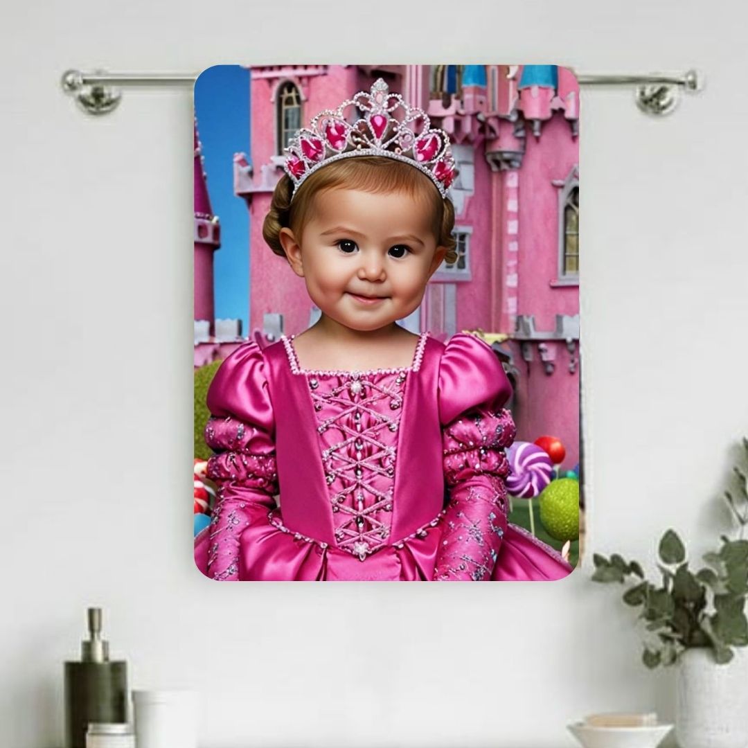 Example of how to upload a toddler girl's photo to create a personalized candy princess portrait on a towel featuring her dressed as a candy princess in a whimsical candyland setting