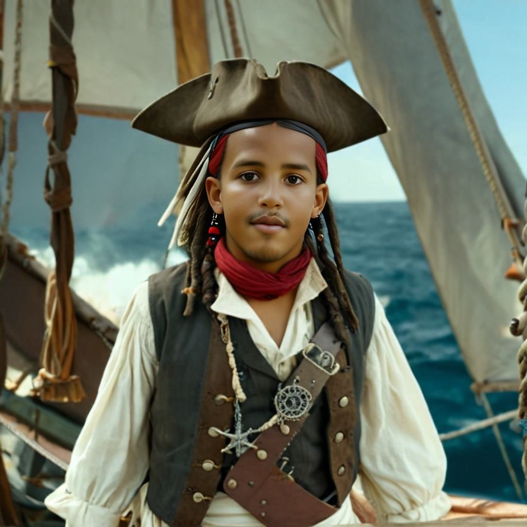 Personalized portrait of a boy dressed as a pirate standing confidently on a ship deck